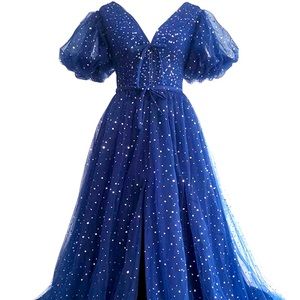 Brand new tulle puff dress with silver stars and moons, high slit, corset back